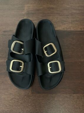 Black Double-Buckle Slide Sandals
